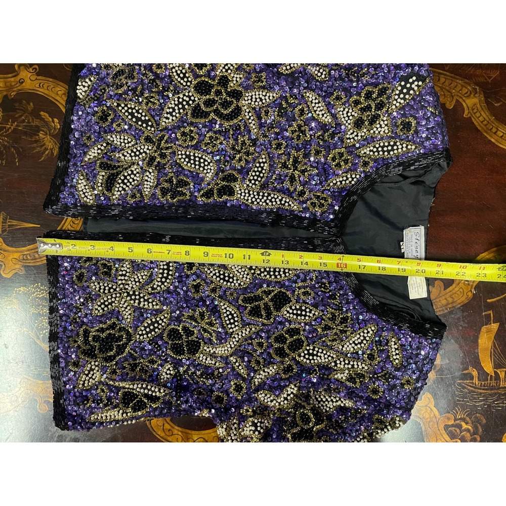 Vtg Stenay Purple Gold Floral Beaded Silk Evening Crop Jacket Bolero Glam XL - Picture 10 of 14